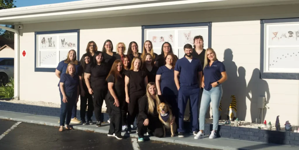 Paw Haven Animal Hospital veterinary team standing outside with a dog