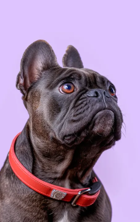 Black dog wearing a red collar against a purple background