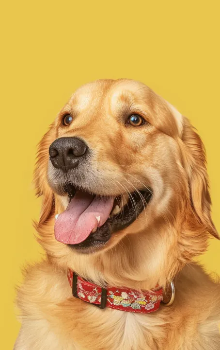 Golden retriever wearing a red collar against a yellow background