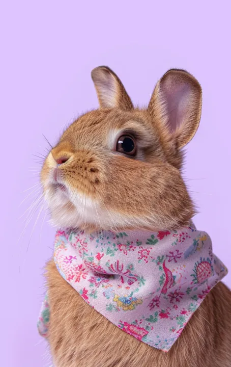Brown rabbit wearing a floral bandana against a purple background