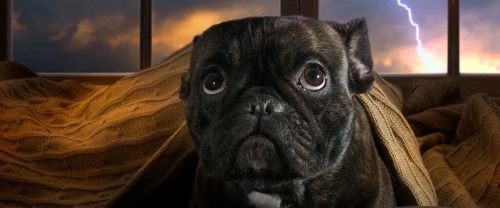 Black pug wrapped in a blanket during a thunderstorm