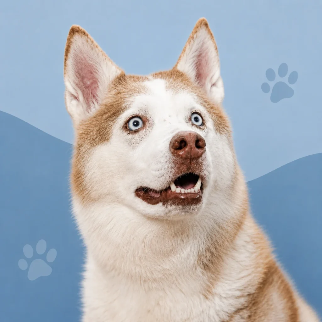 husky with wide open eyes staring