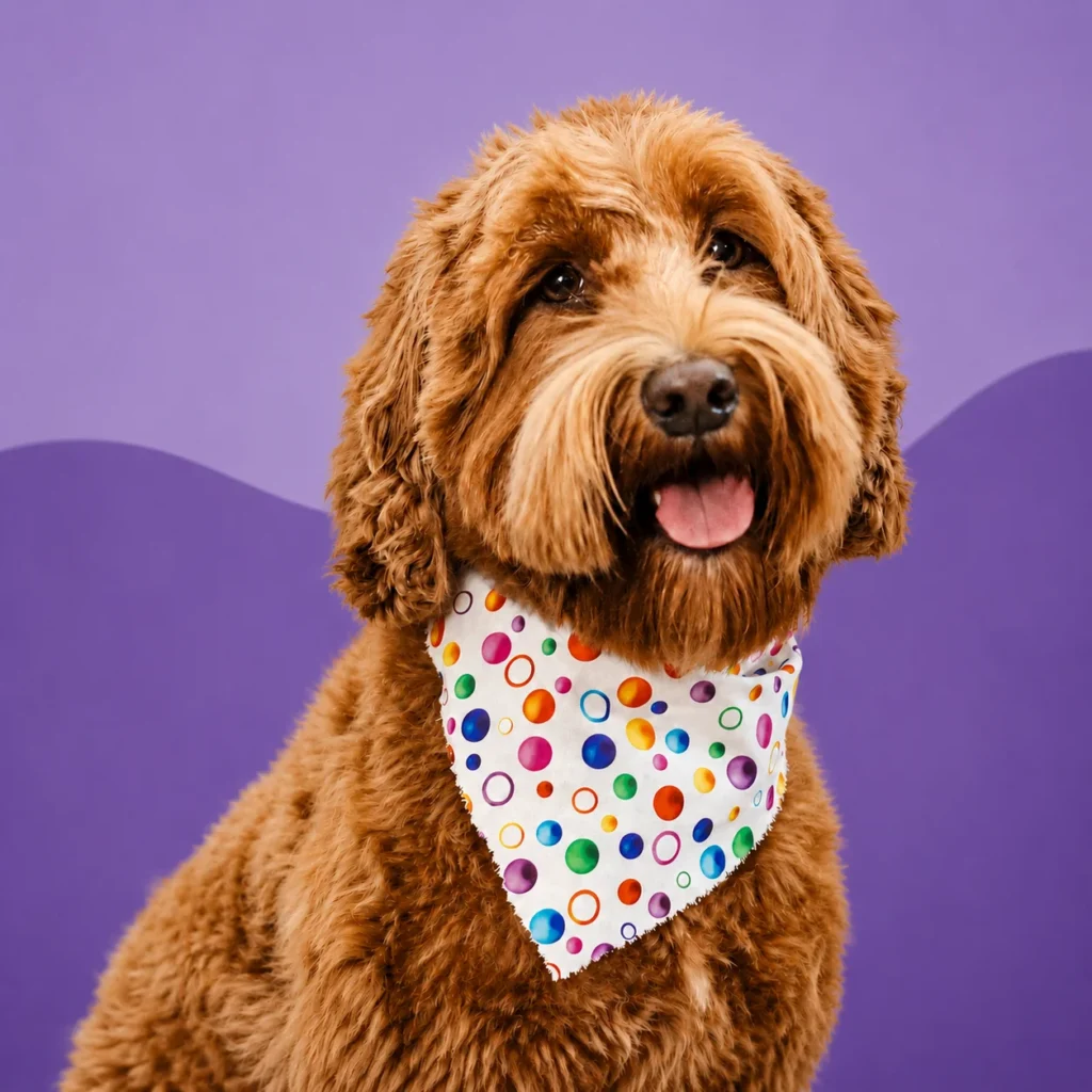 dog wearing bandit smiling and staring