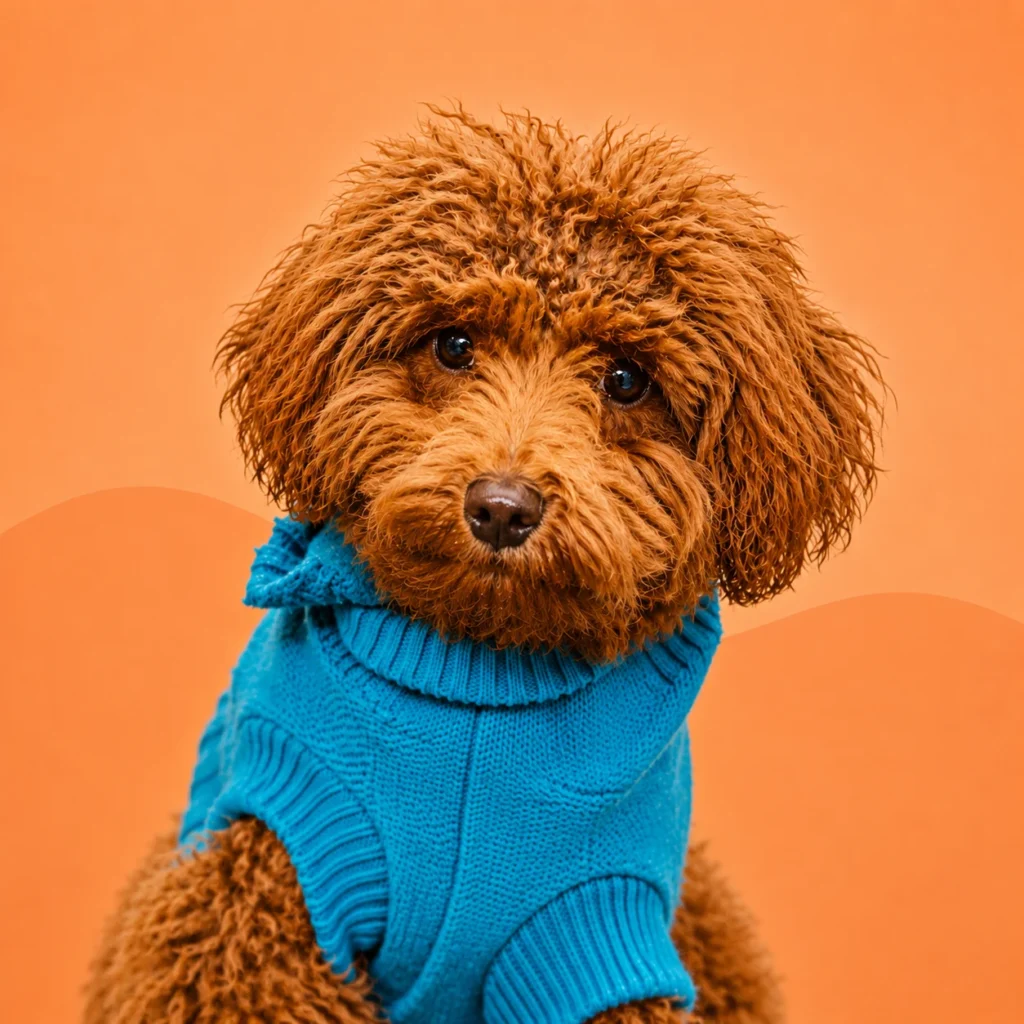 dog wearing clothes staring