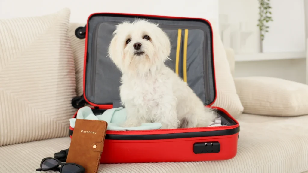 dog sitting in the suitcase