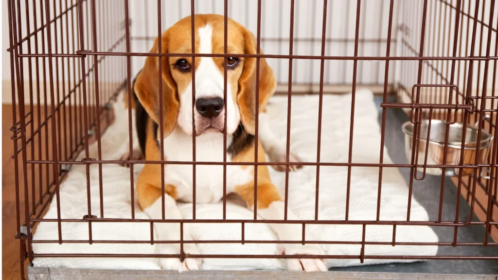dog sitting in a cage